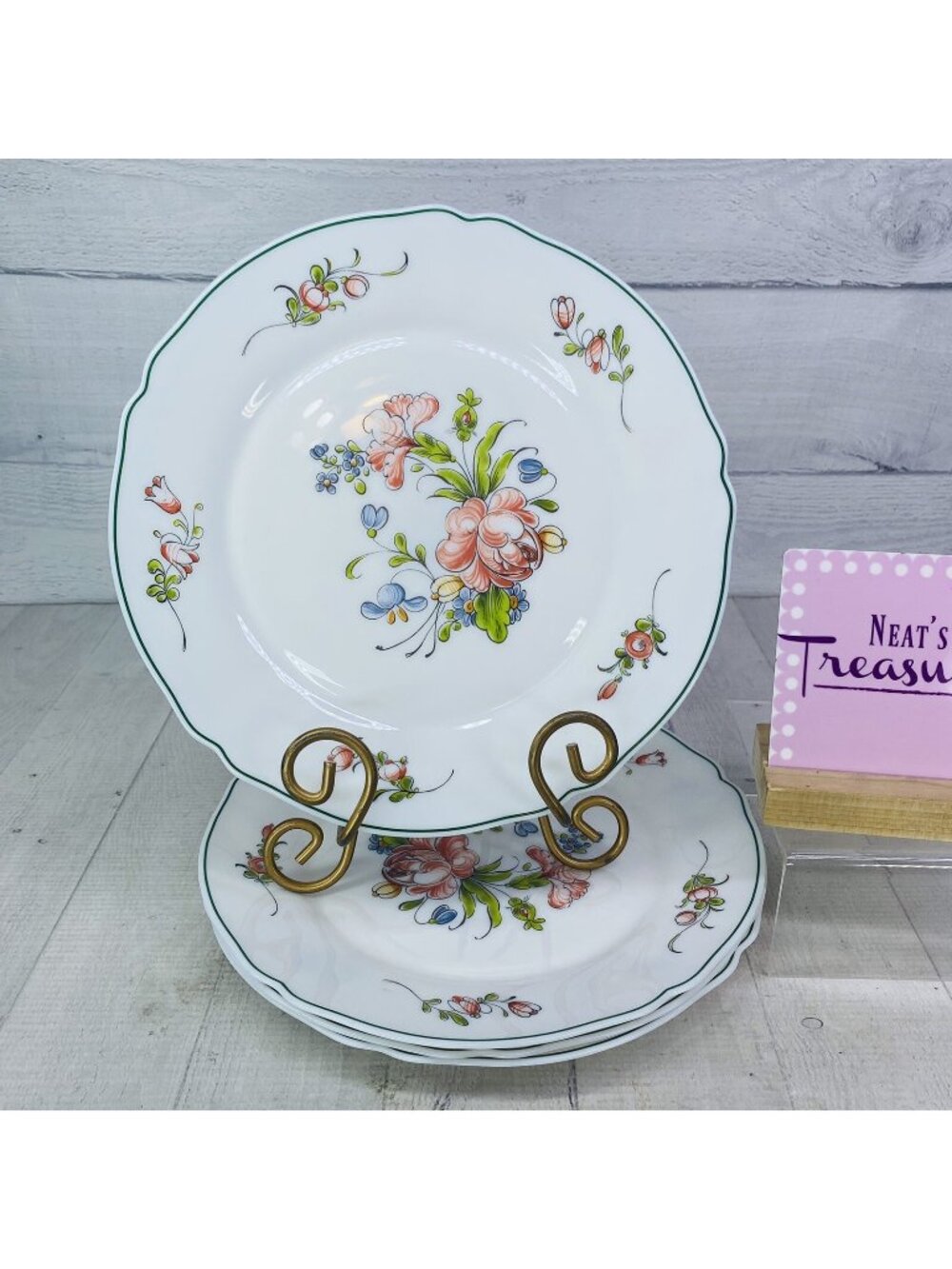 Arcopal PROVINCIAL Floral  Green Pinstripe Opal White Glass Dinner Plates Set 4